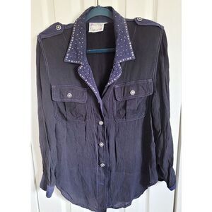 Monique Fashions 12 Women's Vintage‎ Blouse Shirt Beaded Studded Navy Blue L/S